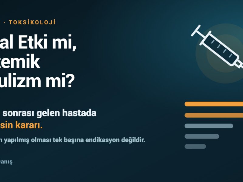 Koyu zeminde şırınga ve aşağı doğru kısalan çubuklar; başlık: Lokal Etki mi, Sistemik Botulizm mi?