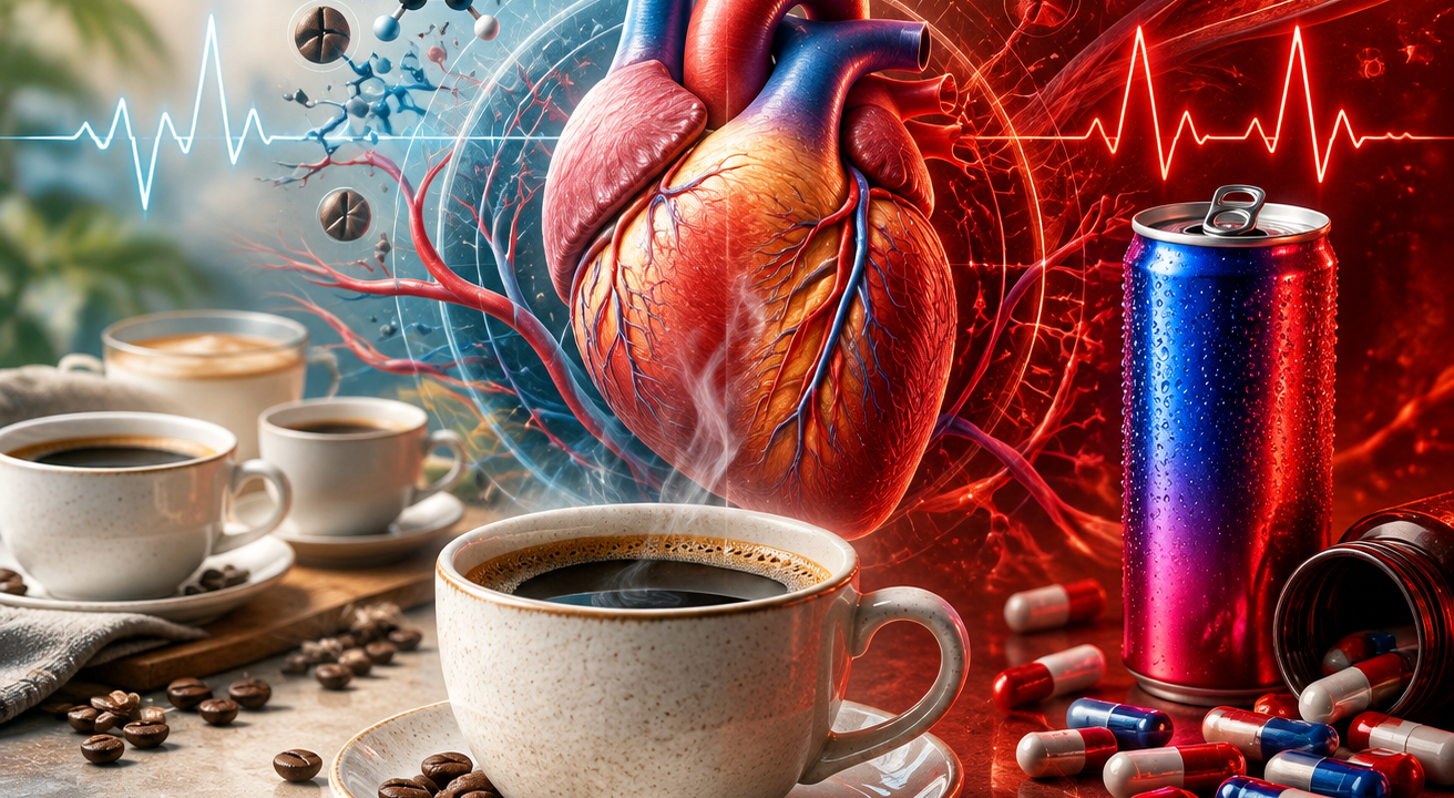 Kahve, enerji içeceği ve kapsüller arasında anatomik kalp ve kalp ritmi çizgisi