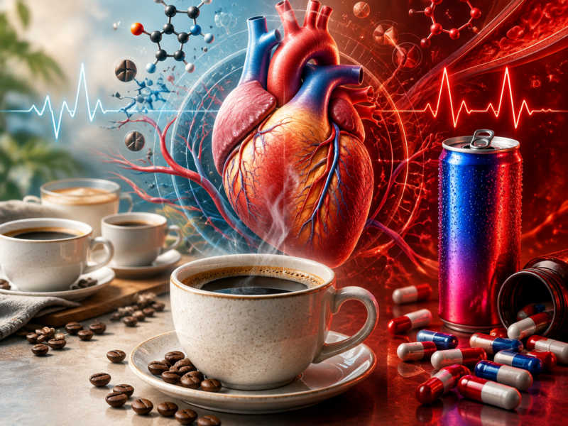 Kahve, enerji içeceği ve kapsüller arasında anatomik kalp ve kalp ritmi çizgisi